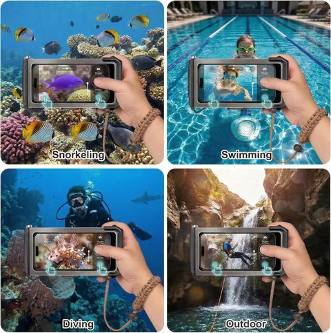 4-in-1 view of 5th Generation Diving Phone Case For iPhone 17 16 15 14 Pro Max And Galaxy S25 S24 S23 Ultra in snorkeling, swimming, diving, outdoor settings.
