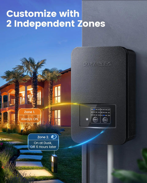 Low Voltage Outdoor Landscape Transformer With Photocell Sensor And Timer Auto On At Sunset, 200W Weatherproof shown installed outside a house with pathway lights.