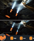Hands Free Magnetic Mechanic Work Light With Two 320 Lumen Gooseneck Flashlights illuminating car engine, bright orange, hands free use