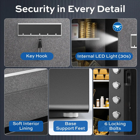 Heavy Duty Steel Home Safe Box 3.0 Cu Ft With LED Light, 6 Locking Bolts, Electronic Fireproof Safe with internal features