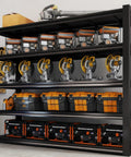 Built Tough 5-Tier Garage Shelving Unit With 5,000 Lbs Total Capacity (1,000 Lbs Per Shelf), Adjustable Steel Shelves For Garage Basement Workshop And Warehouse, 62W X 24D X 72H For Ultimate Tool And Gear Organization. Black steel 5-tier shelving with garage tools, bins, and generators.