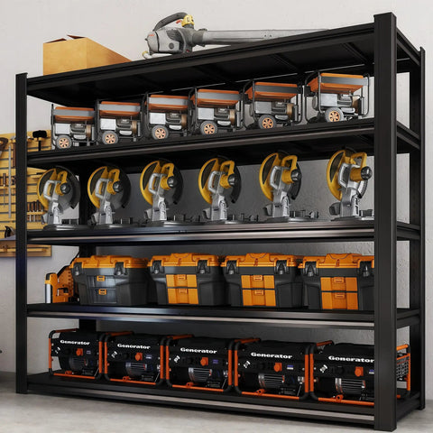 Built Tough 5-Tier Garage Shelving Unit With 5,000 Lbs Total Capacity (1,000 Lbs Per Shelf), Adjustable Steel Shelves For Garage Basement Workshop And Warehouse, 62W X 24D X 72H For Ultimate Tool And Gear Organization. Black steel 5-tier shelving with garage tools, bins, and generators.