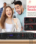 Bluetooth 5.1 Home Theater And Karaoke Amplifier That Delivers Party Ready Big Room Sound With Five Channels And Subwoofer Output Two Mic Inputs With Echo USB A Plus SD MP3 Player RCA In PDA8BU with people singing and mic input close-up.