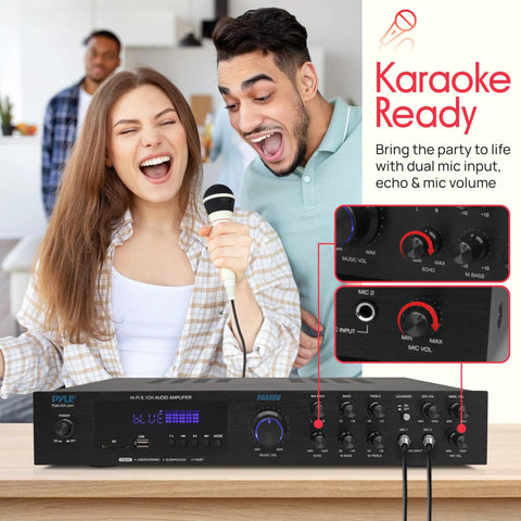 Bluetooth 5.1 Home Theater And Karaoke Amplifier That Delivers Party Ready Big Room Sound With Five Channels And Subwoofer Output Two Mic Inputs With Echo USB A Plus SD MP3 Player RCA In PDA8BU with people singing and mic input close-up.