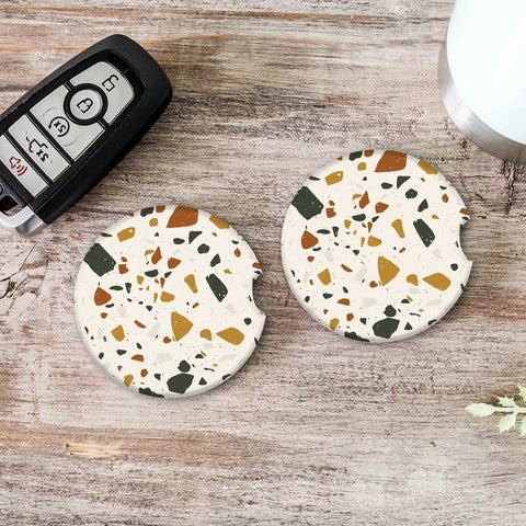 Colorful Marble Cork Base Car Coasters Set 2 Pack 2.56 Inches Universal Cup Holder Fit Absorbent Terrazzo Ceramic Stone Coasters