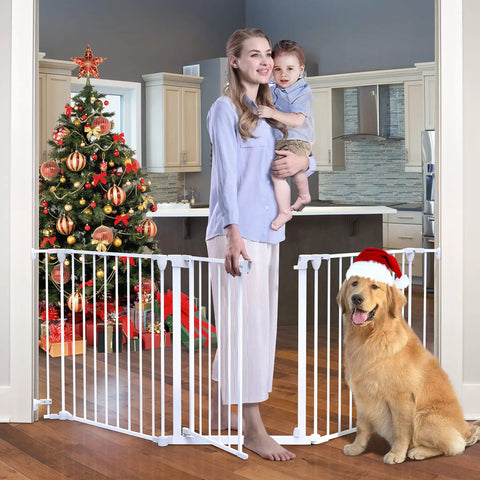 Deluxe Walk Through Pet Gate For Stairs And Doorways One Hand Operation Hardware Mounted Extra Wide Opening from 24.6 To 80 Inches
