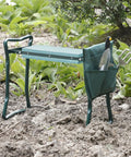 Foldable Garden Kneeler Bench With Dual Tool Pouches And EVA Kneeling Pad Handles in garden setting