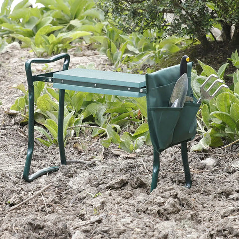 Foldable Garden Kneeler Bench With Dual Tool Pouches And EVA Kneeling Pad Handles in garden setting