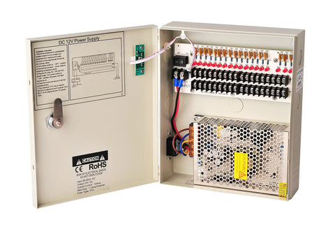 18 Channel DC12V CCTV Power Distribution Box With Independent PTC Fuses, LED Indicators, Lightning Protection, 100 To 240V AC Input, 12V 10A Output, Locking AC Plug, Ideal For Security Cameras And DVRs