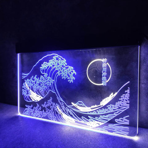 Great Wave Off Kanagawa LED Neon Sign Wall Art Dope Ukiyoe Vibe For Modern Rooms 16x24 Inches Blue And White Neon Light Decor