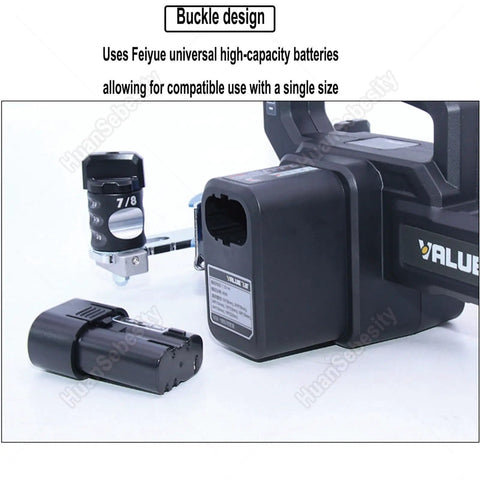 Close-up of Slick Cordless Electric Tube Bender for Copper Pipe 1/4 to 7/8 inch showing battery and buckling design.