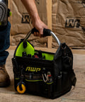 Person carrying 12 Inch Pro Tool Tote With Rotating Handle For Easy Access, Water Resistant Construction, Black, Durable Tool Bag With Large Compartments On Jobsite