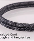 Close-up of braided cord from Go To Three Outlet Power Strip Surge Protector Kit With 10 Foot Braided Flat Extension Cords, Black and Grey.