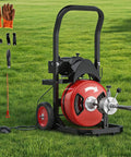 Professional Electric Drain Snaking Machine With Powerful 750 Watt Motor And Air Activated Foot Pedal Ergonomic Upright Frame Kicks Stubborn Clogs Fast Includes Four Steel Cutting Rods For No Sweat Pipe Maintenance on green grass with accessories.