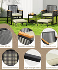 Chill Outdoor 5 Piece Wicker Rattan Conversation Set With Armchairs, Ottomans, Dual Layer Side Table in garden setting