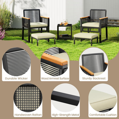 Chill Outdoor 5 Piece Wicker Rattan Conversation Set With Armchairs, Ottomans, Dual Layer Side Table in garden setting