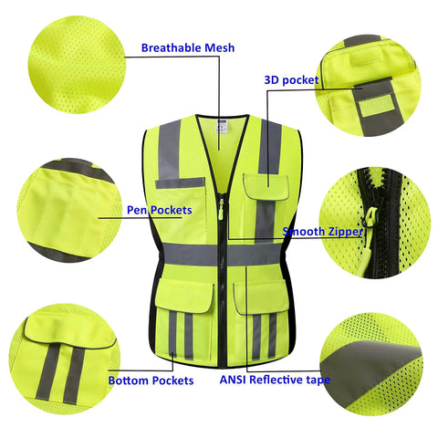 Built Different Women High Visibility Safety Vest With Extra Pockets Reflective Breathable Mesh Work Gear showcasing breathable mesh, smooth zipper, and pockets.