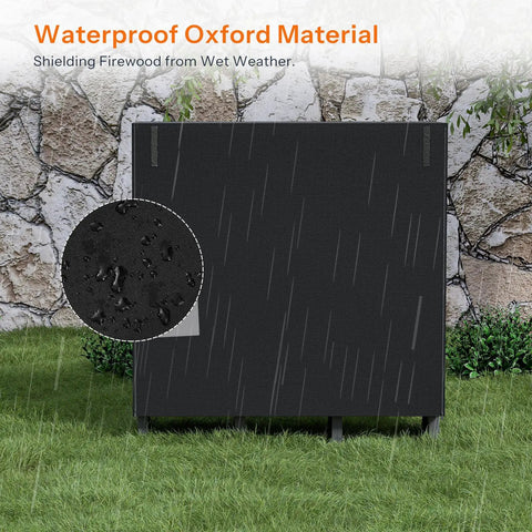 Adjustable Firewood Rack With Weatherproof Cover for Indoor and Outdoor Use shown with rainproof Oxford fabric cover.