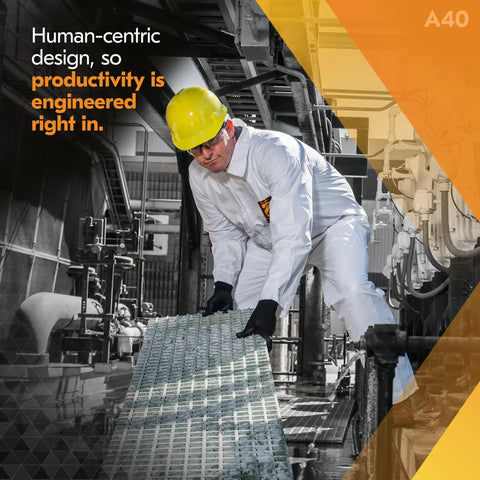 Worker wearing A40 Liquid And Particle Protective Coveralls With Zipper Front White 2XL in industrial setting, lifting grate