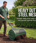 Man using Compost Spreader With 24 Inch Wide Drum For Even Coverage Of Compost Soil Sand Manure And Mulch Perfect For Yard Work