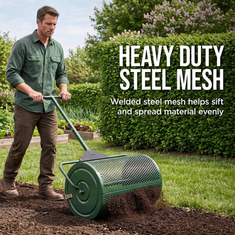 Man using Compost Spreader With 24 Inch Wide Drum For Even Coverage Of Compost Soil Sand Manure And Mulch Perfect For Yard Work