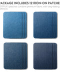 Denim Iron-On Patch Kit With 12 Patches In Three Blue Shades For Inside And Outside Glue Durable Repair For Jeans And Jackets Three Inch By Four And A Quarter Inch Easy DIY Embellishment To Patch Holes And Level Up Your Style. four blue denim patch sets