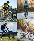 Different bike types: Mountain bike, road bike, e-bike, and BMX shown in action in various settings.