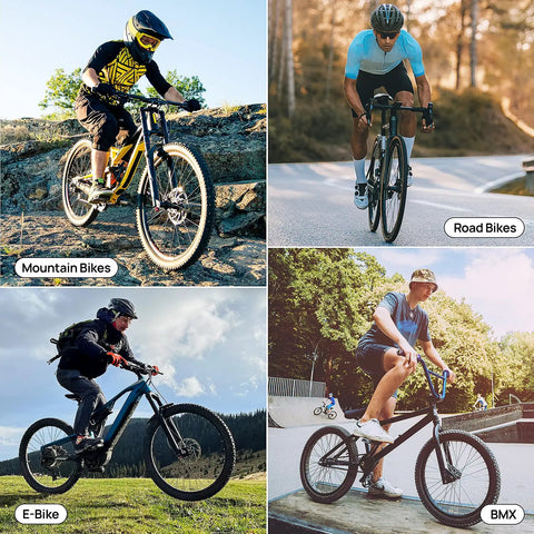 Different bike types: Mountain bike, road bike, e-bike, and BMX shown in action in various settings.