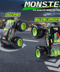 Amphibious RC Monster Truck With Self Balancing Wheelies For Kids 4WD All Terrain Waterproof Off Road Big Tire Toy Car For Boys And Girls Ages 6 To 12 Pool Gift demonstrating 360 spins and walking upright.