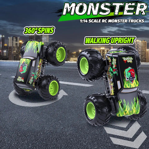 Amphibious RC Monster Truck With Self Balancing Wheelies For Kids 4WD All Terrain Waterproof Off Road Big Tire Toy Car For Boys And Girls Ages 6 To 12 Pool Gift demonstrating 360 spins and walking upright.