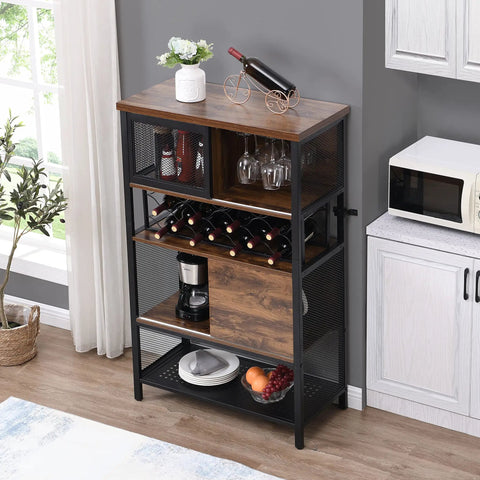 Built Different Industrial Bar Cabinet Featuring Dedicated Wine Rack For Stashing Liquor And Glassware Perfect For Kitchen Sideboards Or Entryway Organizers That Bring Serious Style with wine bottles and glasses.