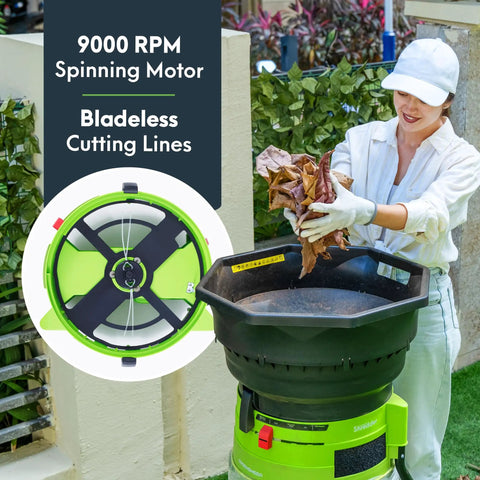 Woman using Bladeless Leaf Shredder And Mulcher With 15 Amp 9000 RPM Motor Delivers 18 To 1 Reduction For Easy Yard Cleanup Tool Free Line Changes Includes 20 Extra Nylon Cutting Lines No Blades For Safer Mess Free Mulching in garden