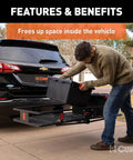 Person loading storage box onto Heavy Duty Cargo Basket Carrier For 2 Inch Receiver Fits Truck And SUV Hitch 60 X 23.5 X 5.5 Inches