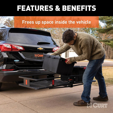 Person loading storage box onto Heavy Duty Cargo Basket Carrier For 2 Inch Receiver Fits Truck And SUV Hitch 60 X 23.5 X 5.5 Inches