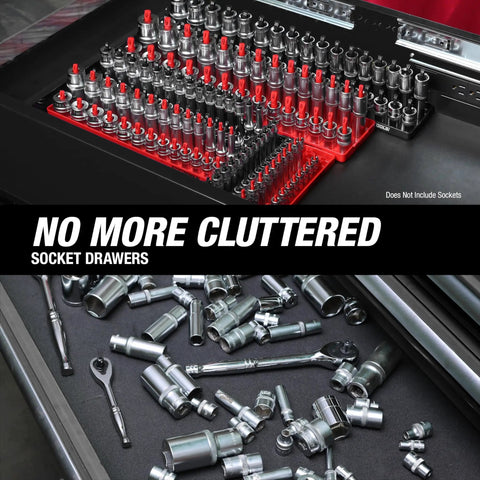 Six Piece Socket Organizer Set for SAE and Metric Sockets, Fits Quarter Inch, Three Eighths Inch, and Half Inch Drive Sockets in toolbox