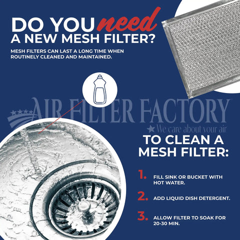 Instructions for cleaning a 9-1/2 Inch Round X 3/32 Center Hole Flat Range Hood Aluminum Grease Filter Replacement with dish detergent.