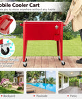 Man using 80 Quart Rolling Ice Chest Cooler On Wheels With Bottle Opener, Cap Catcher, And Bottom Storage Shelf, Portable Patio Beverage Cart For Poolside Parties, Backyard Barbecues, And Outdoor Events, Red