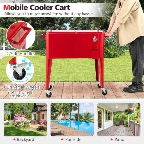 Man using 80 Quart Rolling Ice Chest Cooler On Wheels With Bottle Opener, Cap Catcher, And Bottom Storage Shelf, Portable Patio Beverage Cart For Poolside Parties, Backyard Barbecues, And Outdoor Events, Red