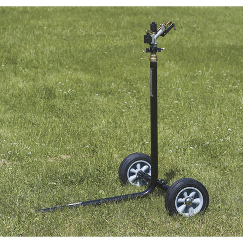 Wheeled Sprinkler With 1 Inch Head And 3 Nozzles For Big Yard Coverage 120 Foot Diameter Reaches 11,000 Sq Ft 7 To 14 GPM Adjustable