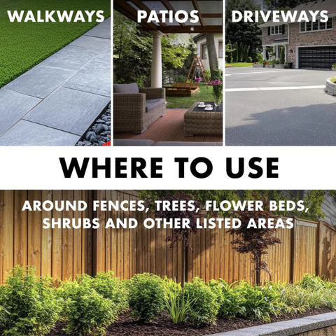 Image showing suggested usage areas for Fast Acting Weed And Grass Killer For Patios Walkways And Driveways 32 Ounces Bottle That Wipes Out Weeds And Grasses Fast With Visible Results In About 3 Hours So You Can Replant The Same Weekend 12 Pack, including walkways, patios, driveways, around fences, trees, flower beds, and shrubs.