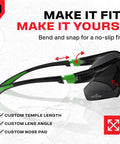 Built Tough Safety Glasses With Anti Fog Wrap Around Lenses And Scratch Beater Coating Plus Grip Lock Temples And Genuine Uv Blocking For Your Daily Grind In Black Green Tinted 10 Pack, adjustable fit details shown.