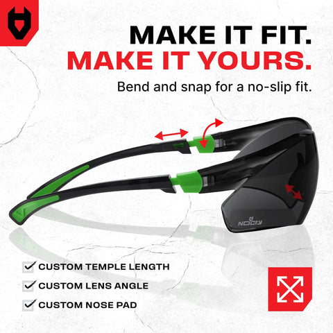 Built Tough Safety Glasses With Anti Fog Wrap Around Lenses And Scratch Beater Coating Plus Grip Lock Temples And Genuine Uv Blocking For Your Daily Grind In Black Green Tinted 10 Pack, adjustable fit details shown.