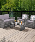 Four-Piece Outdoor Patio Furniture Set With Wicker Rattan Modular Sectional Sofa With Cozy Cushions And Glass Table All Weather Conversation Set For Garden Porch Backyard And Patio Light Gray on a deck.