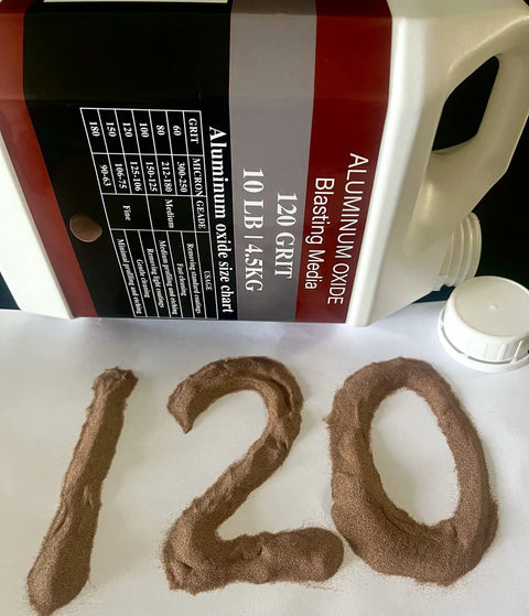 10 Lb Pro Grade Aluminum Oxide Sandblasting Media Heavy Duty 120 Grit For Cabinets And Blasting Guns, container and grit displayed
