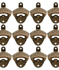 Badass Vintage Cast Iron Beer Bottle Openers Wall Mounted Set Of Twelve Post Style Bar Accessory For Man Cave Or Garage hand painted openers in a row.