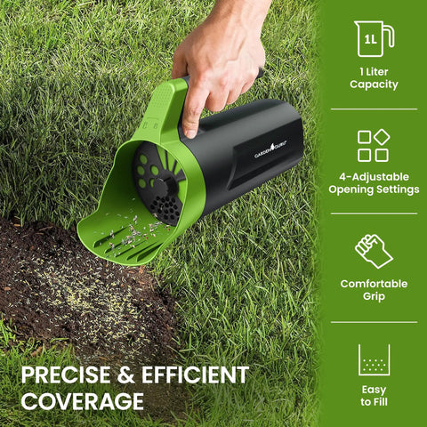A person using Handheld Seed Spreader Pro For Lawn Care And Snow Removal Multi Use Spreader For Grass Seed Fertilizer Salt And Ice Melt