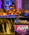 66Ft Connectable Outdoor Rope Lights With 200 LEDs Remote in diverse setups: Halloween, tropical garden, festive patio, indoor decor.