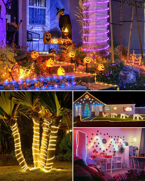 66Ft Connectable Outdoor Rope Lights With 200 LEDs Remote in diverse setups: Halloween, tropical garden, festive patio, indoor decor.