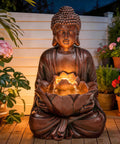 Chill Zen Buddha Outdoor Water Fountain 19 Inch Handcrafted Statue Water Feature With Soothing Waterfalls And Lights