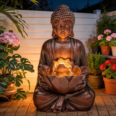 Chill Zen Buddha Outdoor Water Fountain 19 Inch Handcrafted Statue Water Feature With Soothing Waterfalls And Lights
